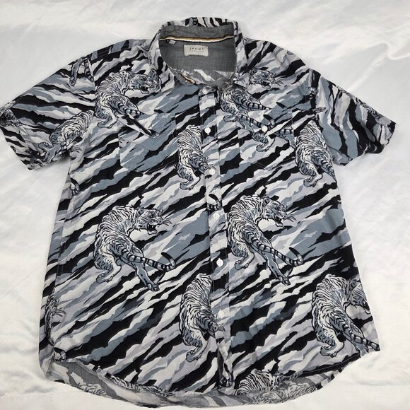 JACHS NEW YORK black Gray Tiger Striped Animal Print Button Front Cotton Shirt M - Picture 1 of 6